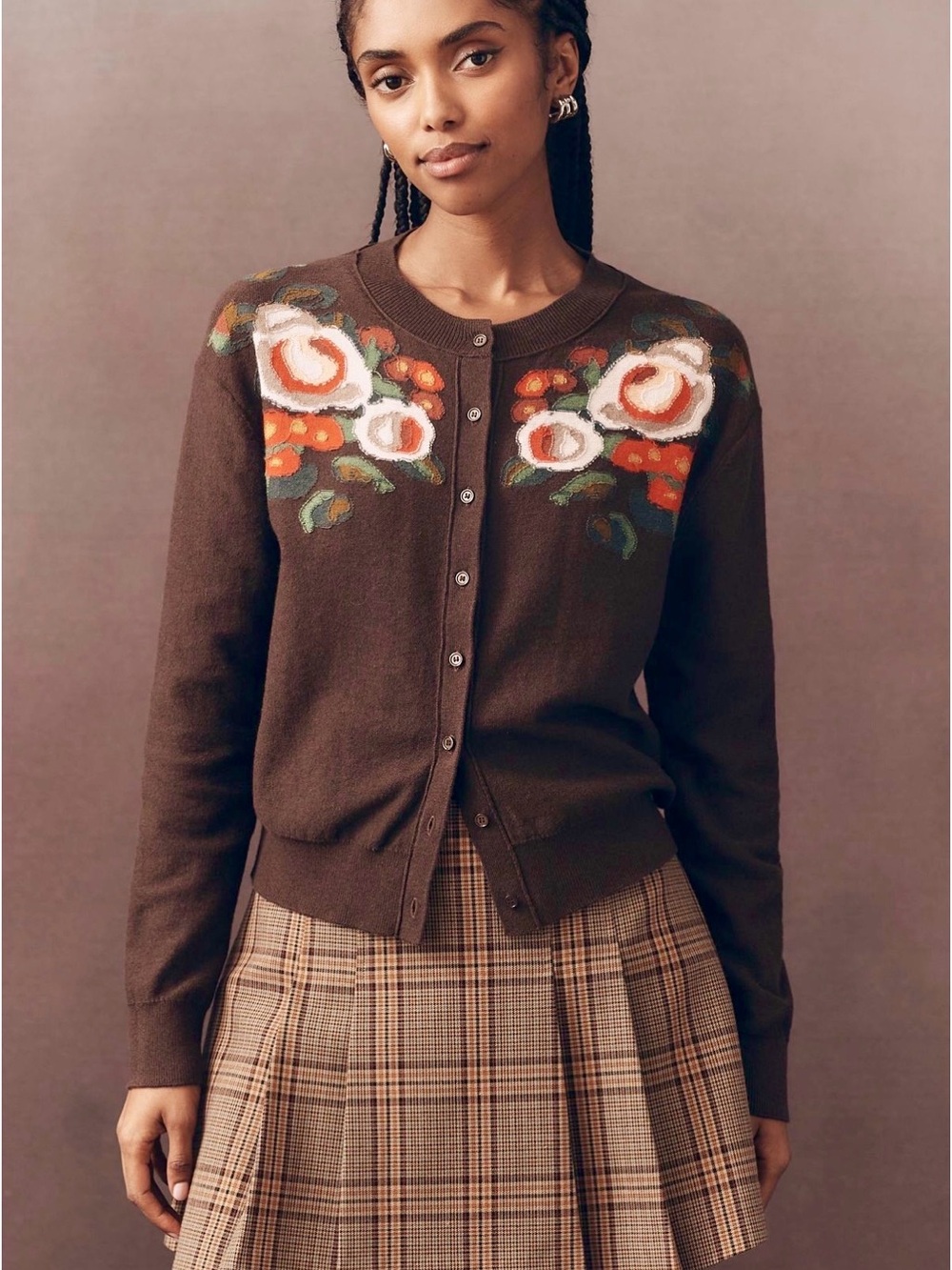 Anthropologie Brown Floral-Detail Button-Front Cardigan NWT